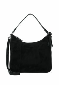 Borsa a spalla in suede nero con una texture liscia, chiusura con zip e un accento a frange sul manico. Presenta una lunga tracolla regolabile.