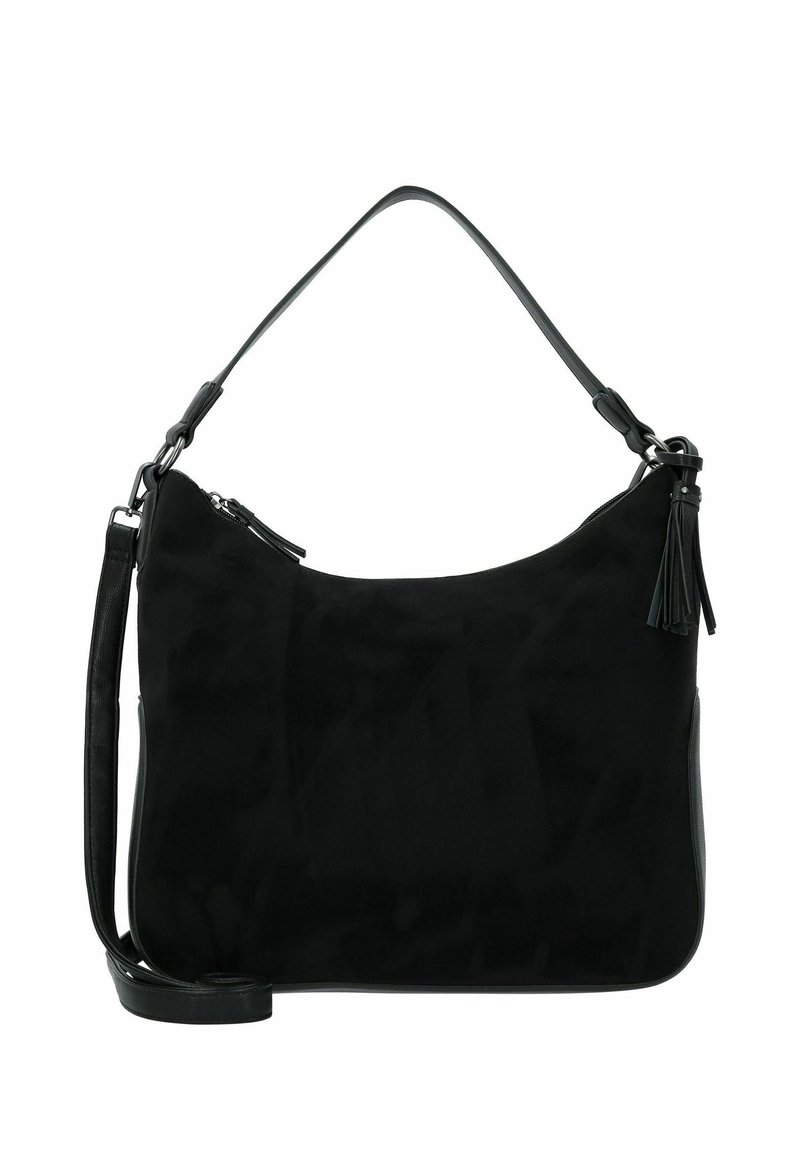 Schwarze Wildleder-Schultertasche mit glatter Textur, einem Reißverschluss und einem Quastenakzent am Griff. Verfügt über einen langen, verstellbaren Riemen.