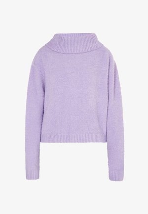 Pulover lung cu maneci lungi, de culoare lavandă deschisă, cu guler înalt cu caneluri late și cu manșete și tiv canelate.