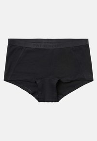 Boxers noirs avec une large ceinture élastique et des coutures apparentes, posés à plat sur fond blanc.