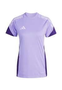 Purple athletic shirt made of lightweight fabric. Features white stripes on shoulders and side panels in darker purple. Aeroready branding visible.