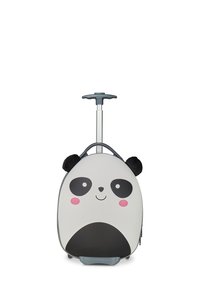 Valigia a forma di panda con un'esterno grigio lucido, accenti bianchi e neri, orecchie nere morbide e un manico retrattile.