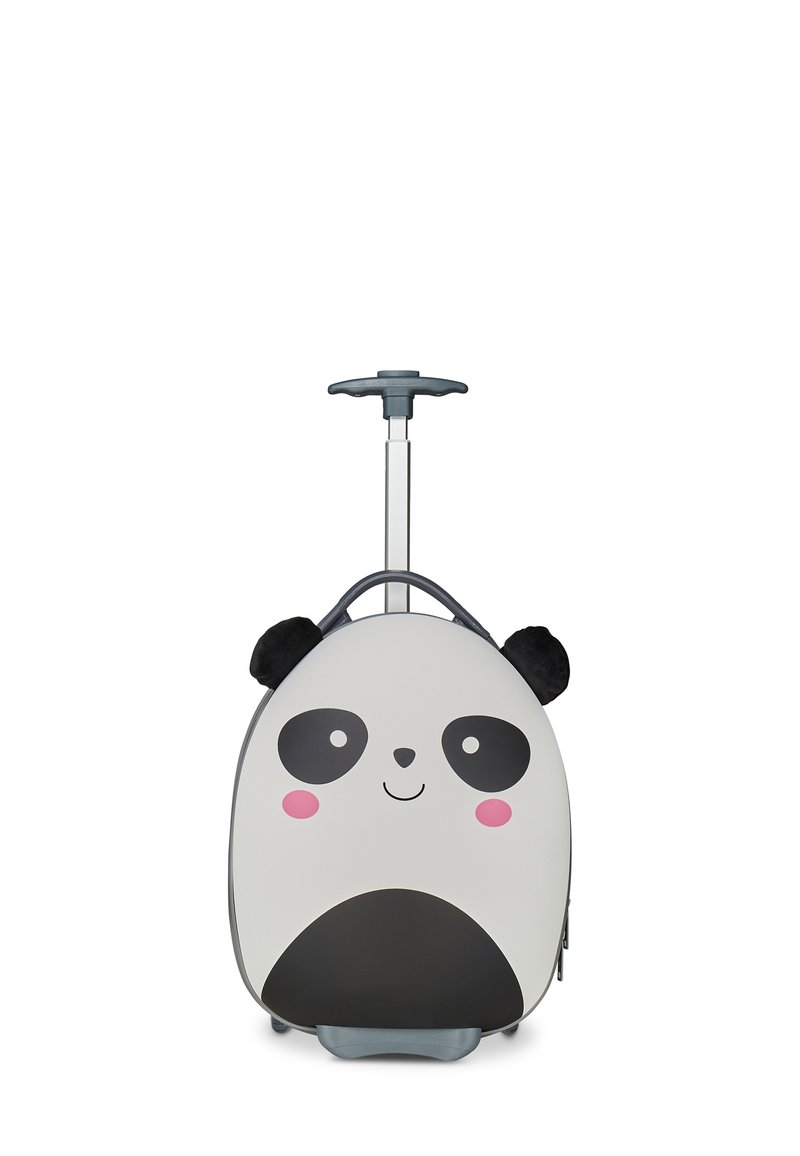 Valigia a forma di panda con un'esterno grigio lucido, accenti bianchi e neri, orecchie nere morbide e un manico retrattile.