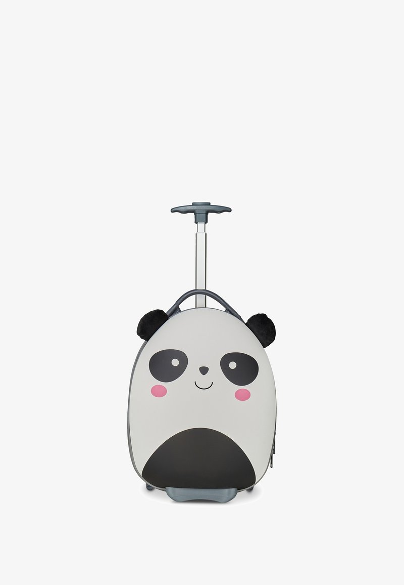 Valigia a forma di panda con un'esterno grigio lucido, accenti bianchi e neri, orecchie nere morbide e un manico retrattile.