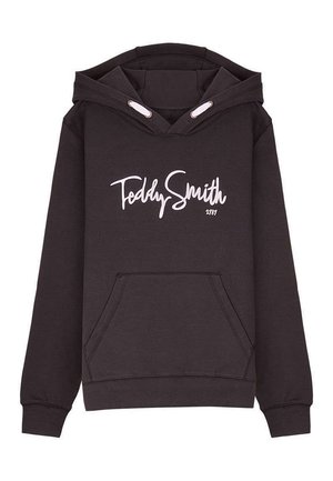 Sweat à capuche marron foncé avec poche avant et inscription "Teddy Smith 1789" en écriture blanche sur la poitrine, avec capuche à cordon et œillets blancs.