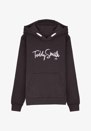 Sweat à capuche marron foncé avec poche avant et inscription "Teddy Smith 1789" en écriture blanche sur la poitrine, avec capuche à cordon et œillets blancs.