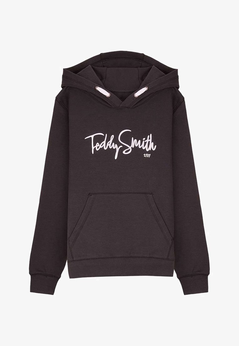 Sweat à capuche marron foncé avec poche avant et inscription "Teddy Smith 1789" en écriture blanche sur la poitrine, avec capuche à cordon et œillets blancs.