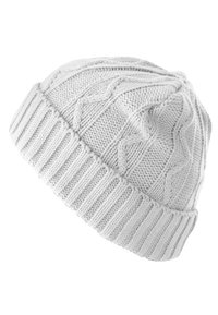 White knitted beanie with a textured cable pattern and a ribbed cuff. The yarn appears soft, with a medium thickness.