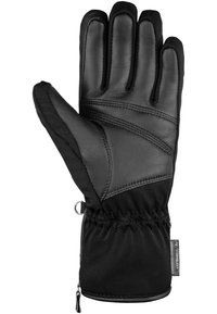 Guantes negros con palma de cuero y parte trasera de tela, con un diseño acolchado y muñeca elástica. Incluye un cierre y un detalle de etiqueta.