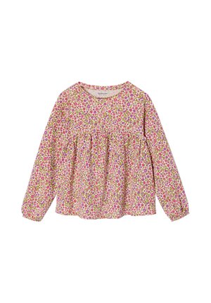 Long-sleeve baby blouse with gathered waist, featuring a pink and green floral pattern on a light background.