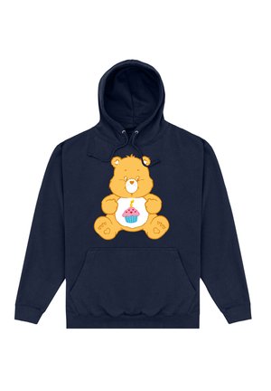 Granatowy hoodie z grafiką kreskówkowego misia z babeczką, wykonany z miękkiego materiału, z przednią kieszenią i kapturem ze sznurkiem do regulacji dopasowania.