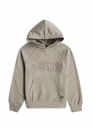 Beiger Kapuzenpullover mit Fronttasche und geprägt G-STAR Logo quer über der Brust, gerippte Bündchen und Saum.
