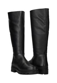 Zwarte leren knie-hoge laarzen met een gestructureerde afwerking, rechthoekige neus en een chunky zool. Voorzien van een trekband voor gemakkelijk aantrekken.