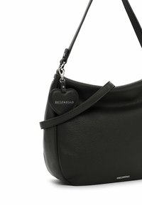 Dark green leather handbag with a rounded shape, featuring a detachable heart-shaped tag with "EMILY&NOAH" embossed. Adjustable strap included.