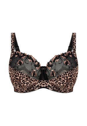 Sostén con estampado de leopardo y encaje negro, bordado floral en las copas, tirantes ajustables y ribete festoneado en los bordes.