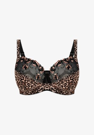 Soutien-gorge à imprimé léopard avec dentelle noire, broderie florale sur les bonnets, bretelles réglables et bordure festonnée le long des bords.