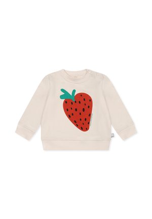 Felpa crema con maniche lunghe, caratterizzata da una grafica di fragola rossa con semi neri e foglie verdi. Dettaglio con bottoni a pressione sulla spalla.