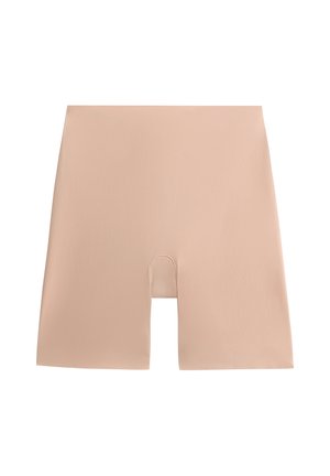Pantaloni corti beige realizzati in materiale liscio e elastico, con lunghezza fino a metà coscia e apertura centrale anteriore. Senza cuciture o motivi visibili.