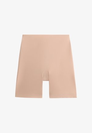 Pantaloni corti beige realizzati in materiale liscio e elastico, con lunghezza fino a metà coscia e apertura centrale anteriore. Senza cuciture o motivi visibili.