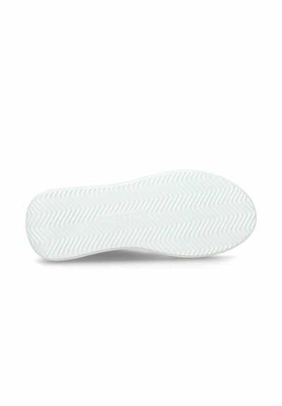 Hvid gummi sko sål med et tekstureret zigzag mønster. Lidt afrundet tå med en glat kant og minimal branding synlig.