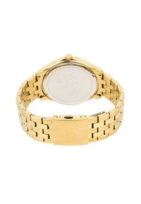 Gold metal wristwatch with a polished finish, linked band, round case, and a closure featuring the engraved logo "A|X."