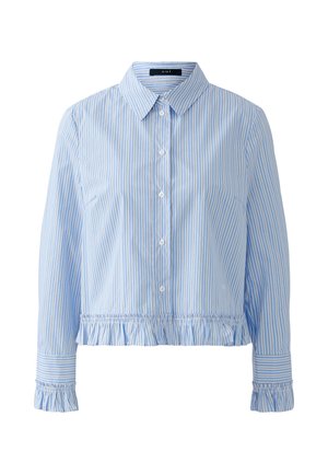 Light blue and white striped shirt with a collar, buttoned front, and ruffled hem and sleeves. Made from lightweight fabric.
