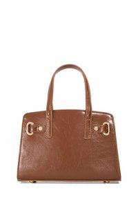 Brown leather handbag with a structured design, dual handles, and gold-tone hardware accents. Features a smooth texture and rectangular shape.
