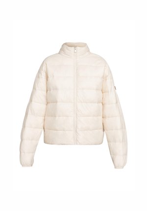 Puffa-Jacke in hellem Creme mit hohem Kragen, durchgehendem Reißverschluss und gestepptem Muster; mit elastischen Bündchen und taillierter Form.