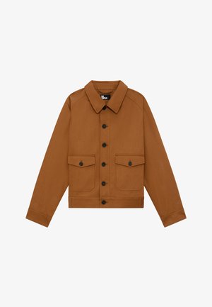 Giacca in denim marrone con colletto, chiusura a bottoni e due tasche anteriori a toppa. Presenta una lunghezza cropped e maniche lunghe.