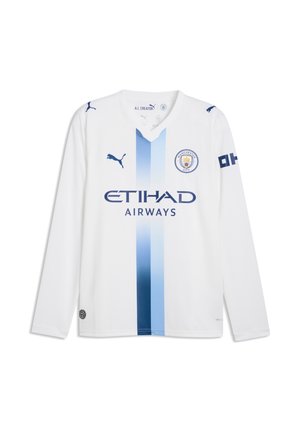 Camiseta blanca de fútbol de manga larga del Manchester City con franja vertical azul, logotipos de Puma, escudo del club y texto patrocinador de Etihad Airways en el frente.