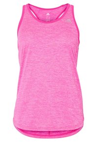 Top da allenamento rosa realizzato in un tessuto leggero e traspirante; presenta un design con schiena a corsetto e un orlo leggermente curvato.