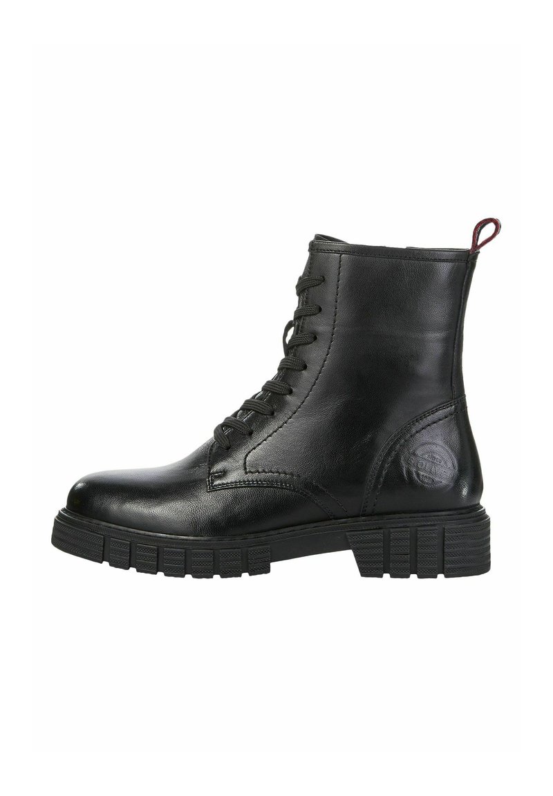 Black leather ankle boot with lace-up front, rounded toe, textured rubber sole, and a loop at the back. Features subtle branding on the side.