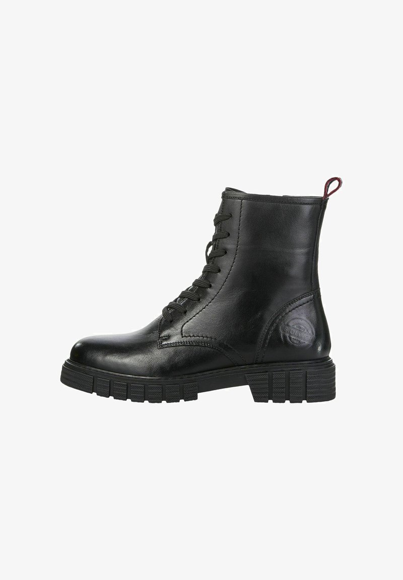 Black leather ankle boot with lace-up front, rounded toe, textured rubber sole, and a loop at the back. Features subtle branding on the side.