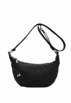Black woven crossbody bag with adjustable leather strap, zipper closure, and decorative braided zipper pull accents.