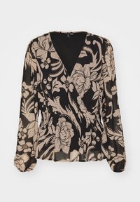 Blouse noire à manches longues portefeuille avec imprimé floral beige et taille élastiquée, dotée d'un col en V et de manches en tissu transparent.