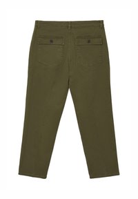 Olivgrüne Baumwollhose mit glatter Oberfläche, ausgestattet mit zwei Gesäßtaschen mit Knopfverschluss und geradem Bein.