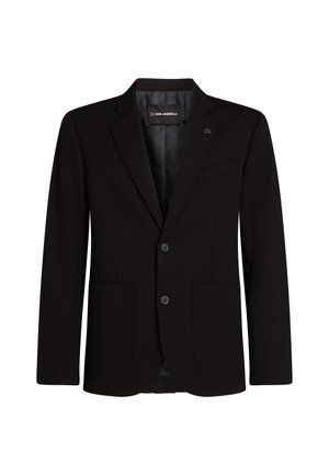 Black blazer made of smooth fabric, featuring two front pockets, notched lapels, two-button closure, and a subtle logo accent on the lapel.