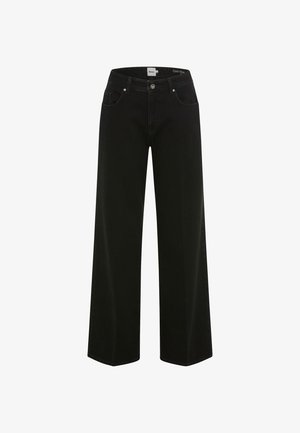 Black wide-leg jeans with a high waist, made from denim. Features front pockets, a button closure, and subtle stitching details.