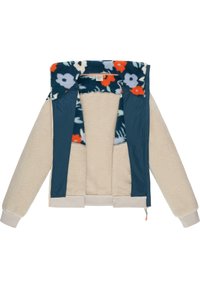 Veste doublée en polaire avec un corps beige clair, des panneaux en tissu bleu et un col à motif floral. Design texturé et chaud.