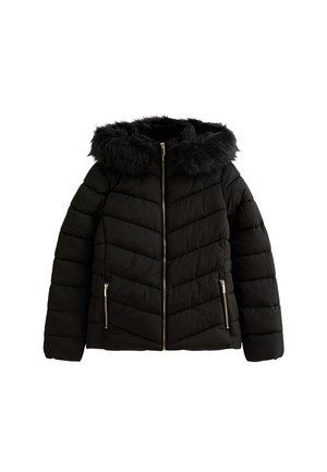 Chaqueta de plumas negra con capucha de piel sintética, con cierre frontal de cremallera, bolsillos laterales, patrón acolchado y un acabado texturizado.