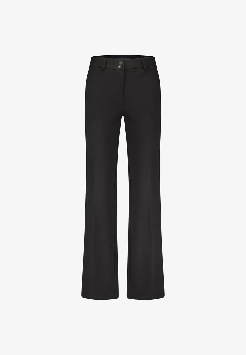 Zwarte flared broeken van gladde stof, met twee knopen aan de voorkant, ceintuurlussen en een getailleerde pasvorm met subtiele stikdetails.