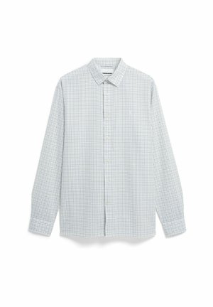 Langärmeliges Hemd mit Knopfleiste, kleinem schwarz kariertem Muster auf weißem Stoff, Kentkragen und Frontknöpfen.