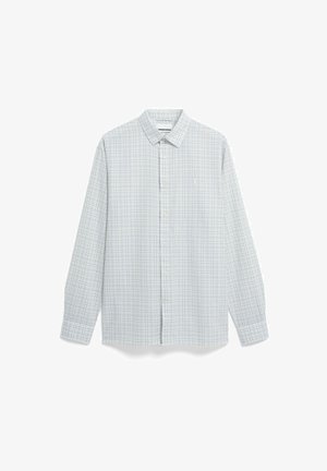 Overhemd met lange mouwen, knoopsluiting, met klein zwart geruit patroon op witte stof, spreidkraag en knopen aan de voorkant.
