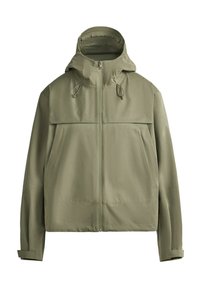 Veste à capuche vert olive clair avec fermeture éclair intégrale à l'avant, manches longues, poignets ajustables et cordons à la capuche.