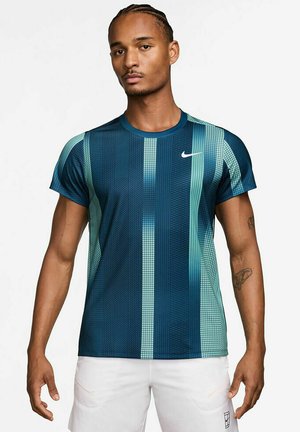Navy and teal Nike athletic t-shirt featuring vertical striped patterns, short sleeves, and a crew neck design.