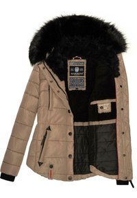 Beige insulated jacket with a black faux fur hood, quilted design, zippered pockets, and red stitching accents. Inner lining is black.