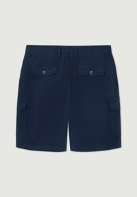 Pantaloni cargo navy realizzati in tessuto leggero, dotati di due tasche laterali e due tasche posteriori con chiusura a bottone. Design frontale piatto.