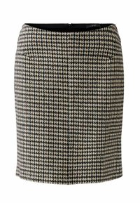 Jupe crayon en mélange de laine avec un motif pied-de-poule noir et blanc, dotée d'une fermeture éclair arrière, de deux poches latérales et d'une texture lisse.