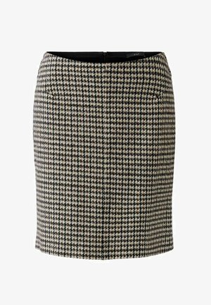 Wollmischung Bleistiftrock mit einem schwarz-weißen Hahnentrittmuster, ausgestattet mit einem Reißverschluss auf der Rückseite, zwei Seitentaschen und einer glatten Textur.