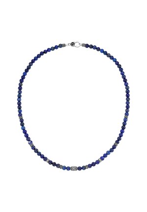 Necklace with small round blue beads and silver decorative spacers, secured with a silver clasp.